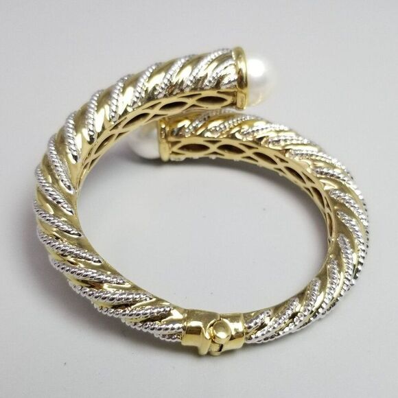 Vintage Hinged Crossover Bracelet Gold Tone Silver Tone Spiral Faux Pear Ends - Picture 3 of 9